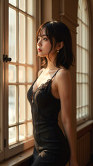 Fototapeta premium 「黒いレースのドレスを着た女性が窓辺に立ち、優雅な横顔を見せる姿、柔らかな自然光が彼女を照らし、エレガントでミステリアスな雰囲気を醸し出すクラシカルな室内撮影シーン」