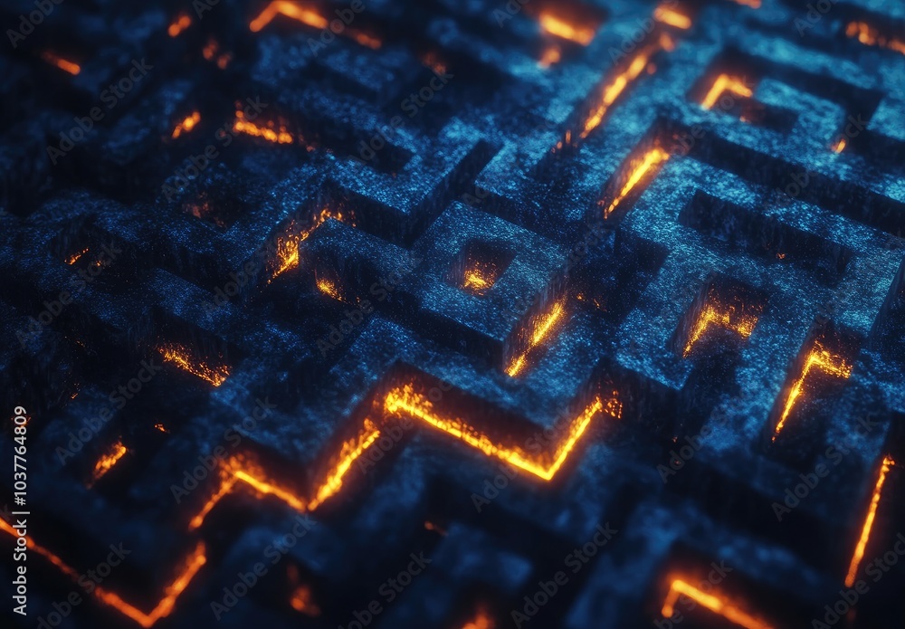 Poster a glowing maze design with intricate pathways and illuminated edges.