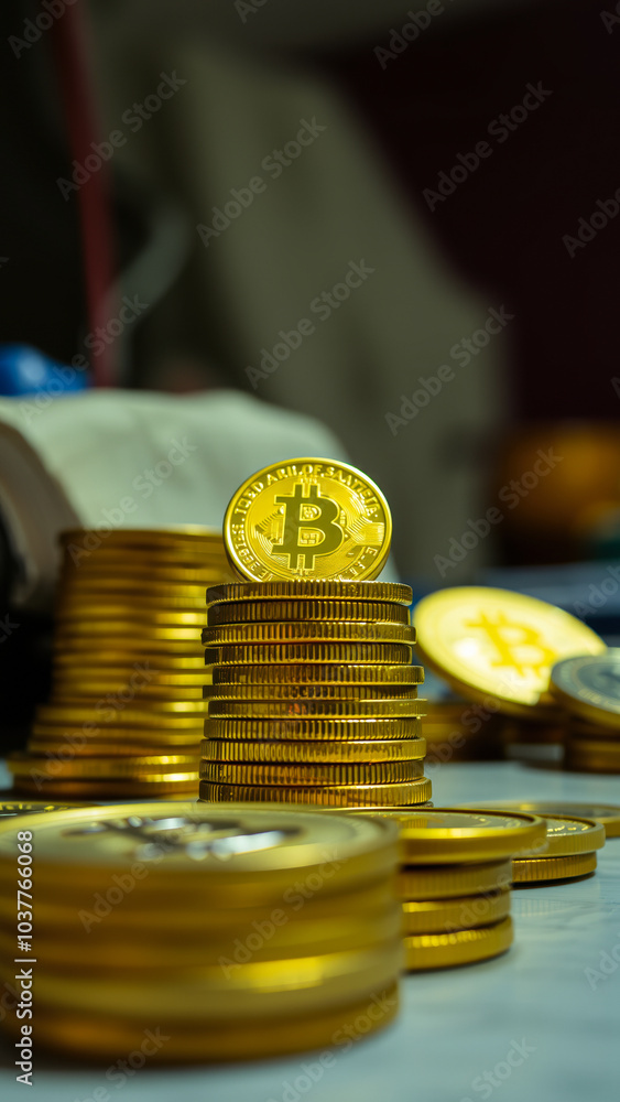 Poster stack golden coins with a large b symbol
