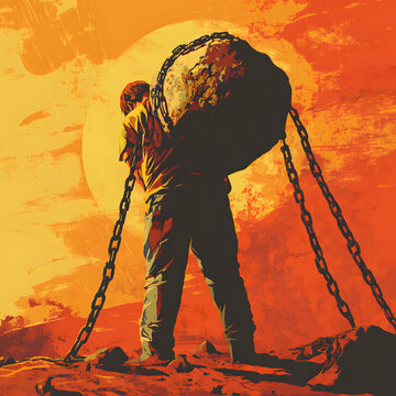 A man struggles under the immense weight of a boulder chained to his back, symbolizing burden, perseverance, and the struggle of life.