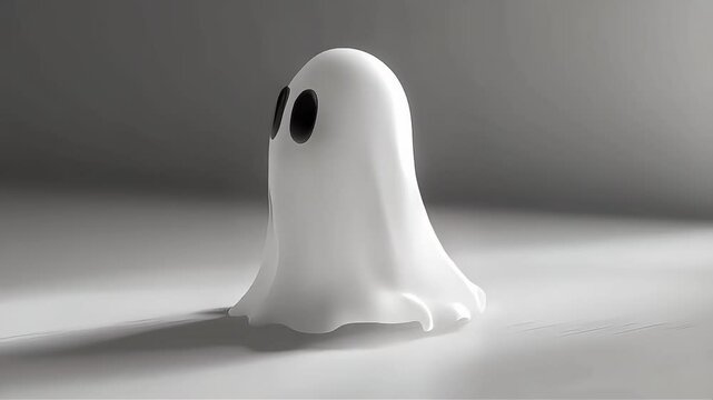 A playful, minimalist ghost figure in a bright, modern space.