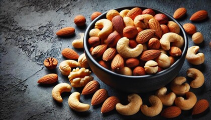 Bowl of mixed nuts including cashews and almonds