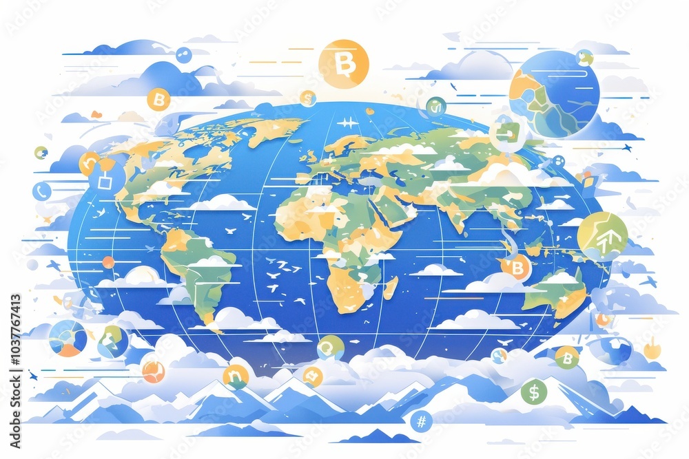 Poster digital blockchain world map with cryptocurrency symbols