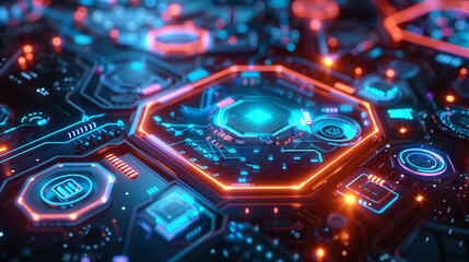 Fototapeta premium cyber tech background wallpaper with Futuristic digital interface with transparent layers, hexagonal grids, and holographic icons glowing in a neon blue hue.