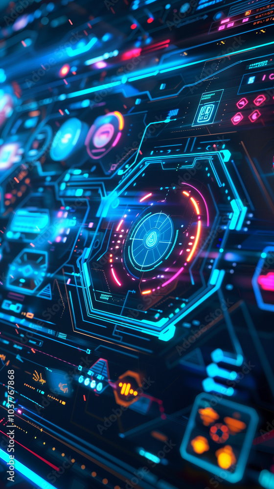 Poster cyber tech background wallpaper with futuristic digital interface with transparent layers, hexagonal