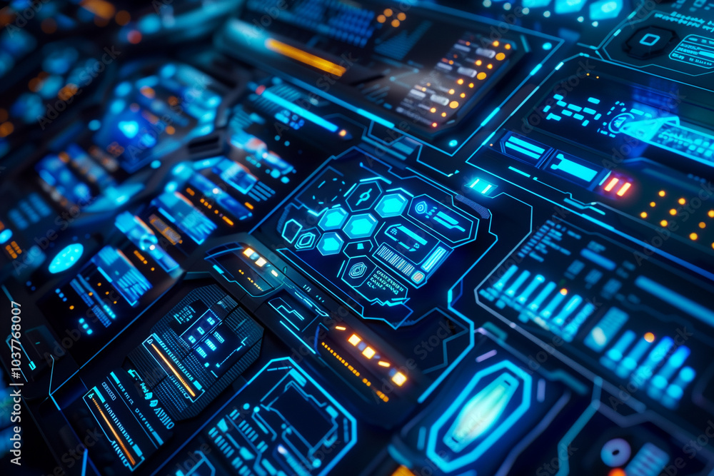 Poster cyber tech background wallpaper with futuristic digital interface with transparent layers, hexagonal