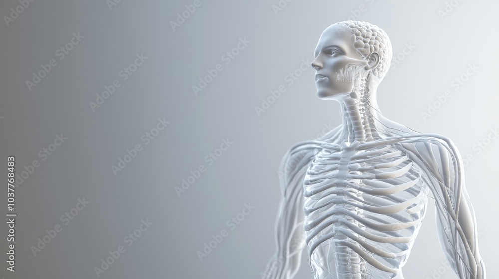 Poster 3d rendering of a human skeleton model showcasing anatomy with a neutral background for educational 