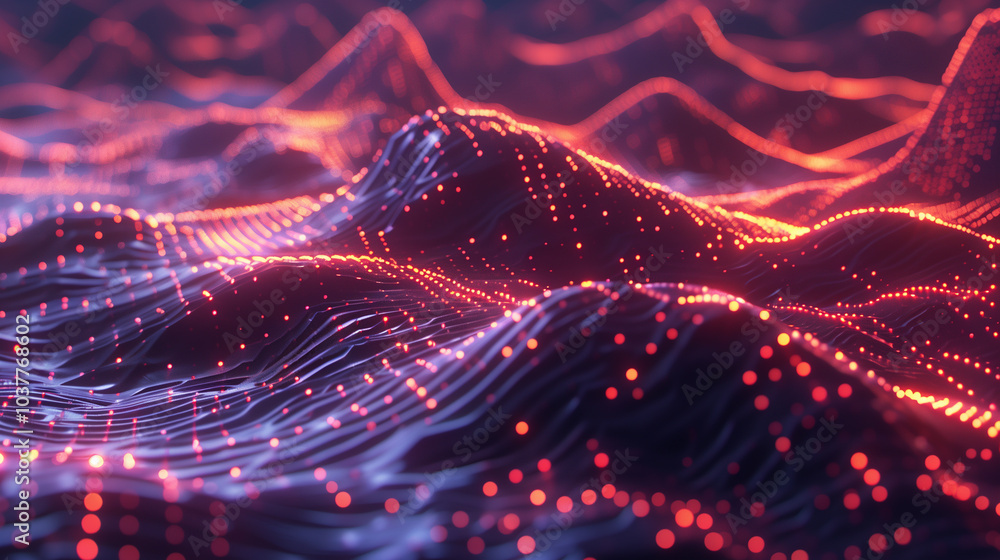 Poster cyber tech background abstract 3d digital waveforms with glowing points of light, resembling a futur