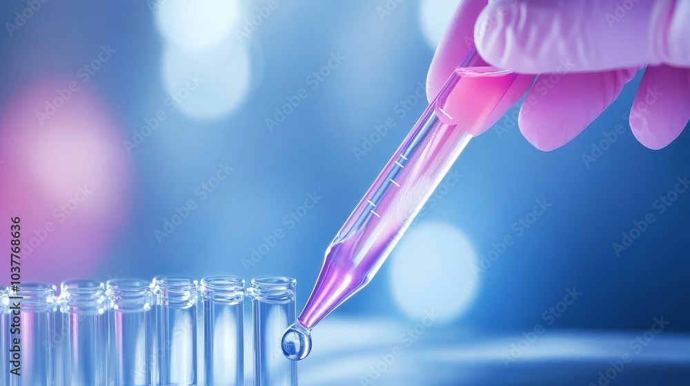 Poster a close-up of a pipette being used to transfer liquid into test tubes in a laboratory setting, showc