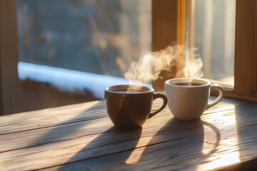 Two steaming cups of coffee sit on a rustic wooden table, inviting a moment of warmth, conversation, and reflection in a cozy, intimate setting.