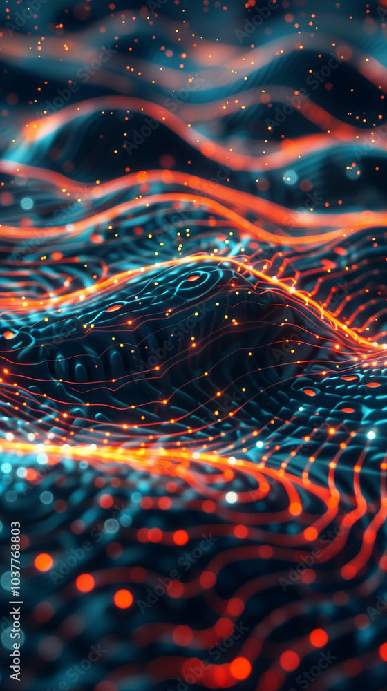 Poster cyber tech background abstract 3d digital waveforms with glowing points of light, resembling a futur