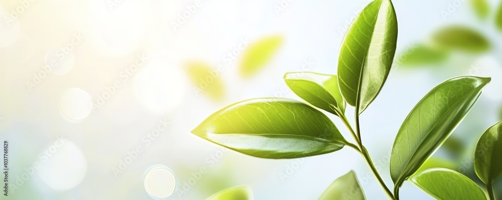 Poster a close-up view of vibrant green leaves illuminated by soft sunlight, creating a refreshing natural 