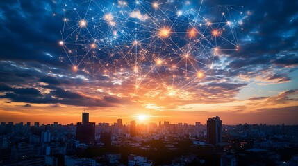 Fototapeta premium Lines and dots as wireless connection technology icons in the sky over city at sunset. 