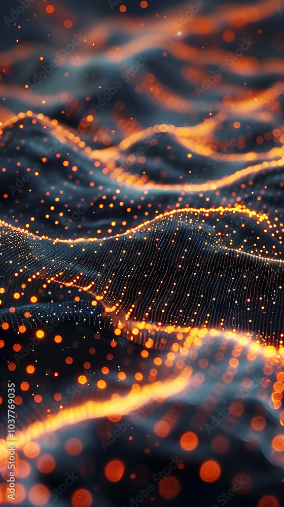 Poster cyber tech background abstract 3d digital waveforms with glowing points of light, resembling a futur