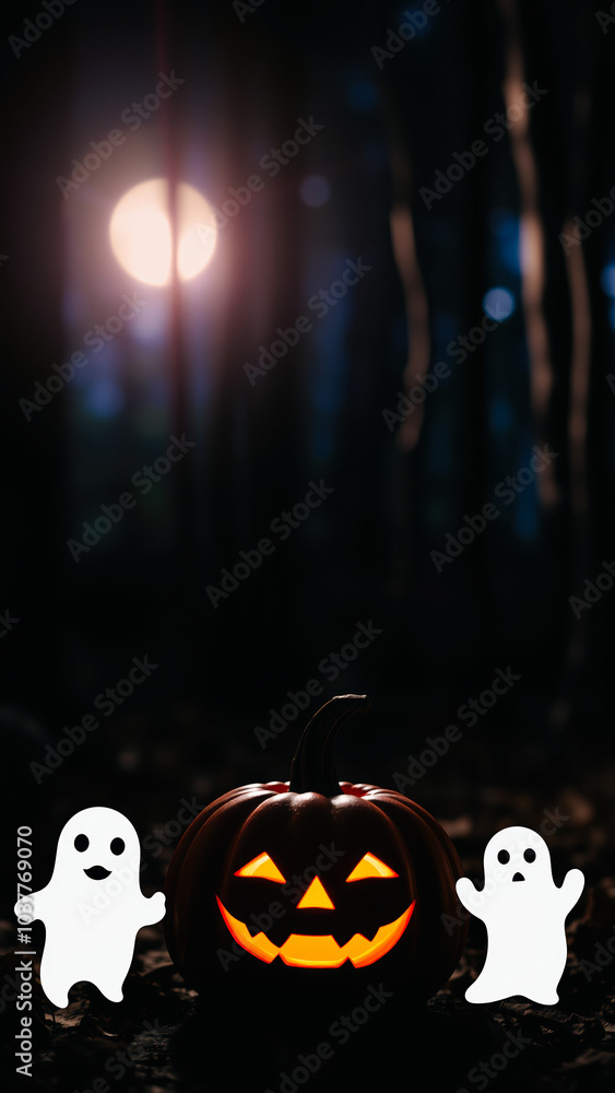 Poster lit jack-o-lantern amidst the shadows the forest