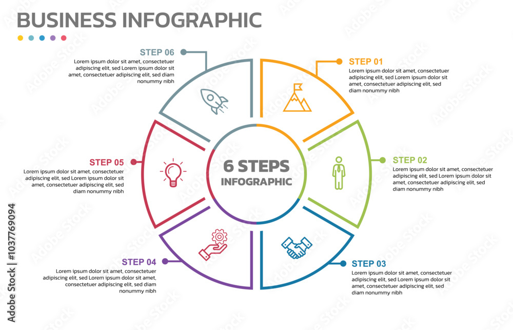 Aufkleber Visual data presentation. Cycle diagram with 6 options. Pie Chart Circle thin line infographic template with 6 steps, options, parts, segments. Business concept. Marketing infographic outline style.