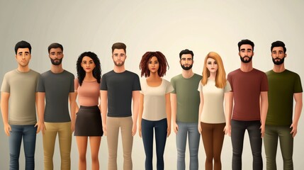 Fototapeta premium A diverse group of animated characters standing together, showcasing different hairstyles and outfits with a neutral background.