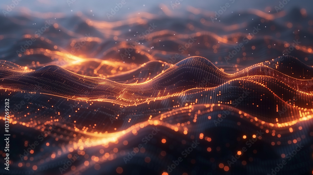 Poster cyber tech background abstract 3d digital waveforms with glowing points of light, resembling a futur