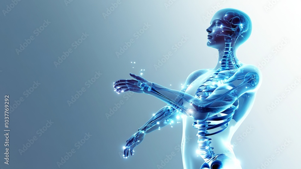 Poster a futuristic depiction of a transparent robot with glowing elements exploring advanced technology an