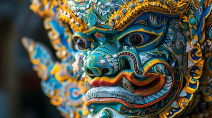 Naklejka premium Vibrant Thai Ceremonial Mask with Intricate Patterns