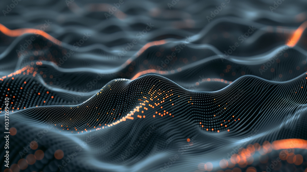 Poster cyber tech background Abstract 3D digital waveforms with glowing points of light, resembling a futuristic tech landscape in motion.
