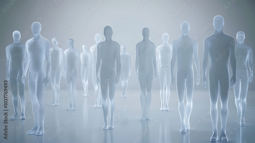 Poster a group of ethereal figures standing together, creating a mystical and surreal atmosphere perfect fo