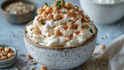 Vegan Chickpea Meringue Display: Chickpea brine, seeds, and vegan meringue, highlighting egg substitutes in vegan recipes.