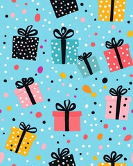 Whimsical polka dot gift boxes and confetti pattern, playful celebration theme