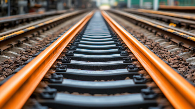 image showcases close up view of railway tracks, emphasizing orange colored rails and gravel