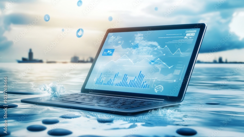 Aufkleber a laptop floating in water displaying digital analytics, symbolizing data science, technology, and i