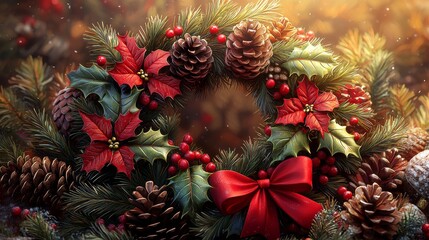 Christmas Wreath with Pine Cones  Holly and Red Bow