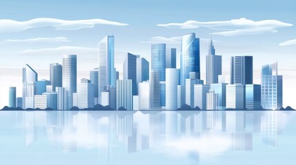 Fototapeta premium A modern city skyline with reflective glass buildings against a clear blue sky, symbolizing urban development and progress.