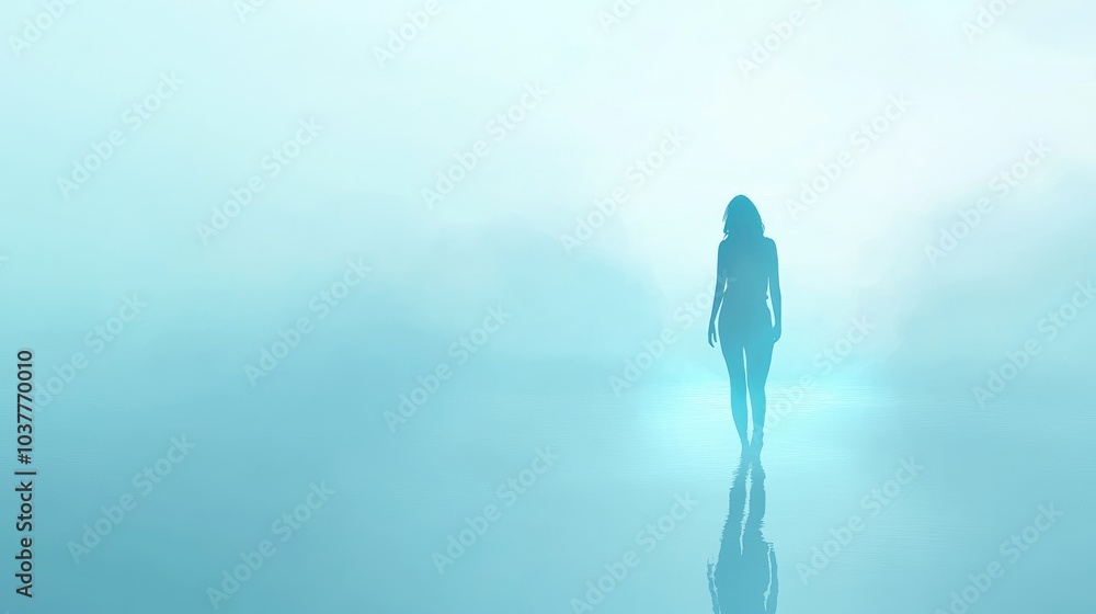 Poster a mysterious figure walks through a serene fog, creating an ethereal and dreamlike atmosphere. perfe