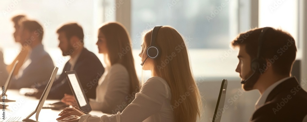 Poster a professional call center scene with agents focused on their work, using headsets and computers in 