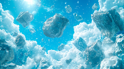 Explosion of flying colorful rocks and crystals with bright light