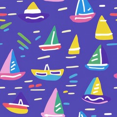 Colorful, hand-drawn sailboats on a bright blue background.