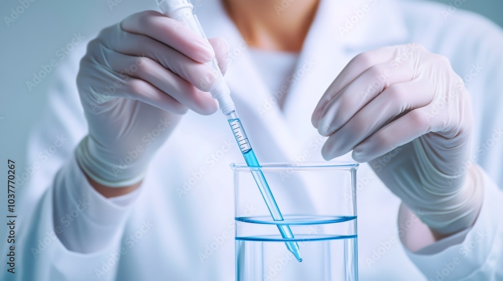 Poster a scientist in a lab coat uses a pipette to transfer liquid from a beaker, showcasing precision in l