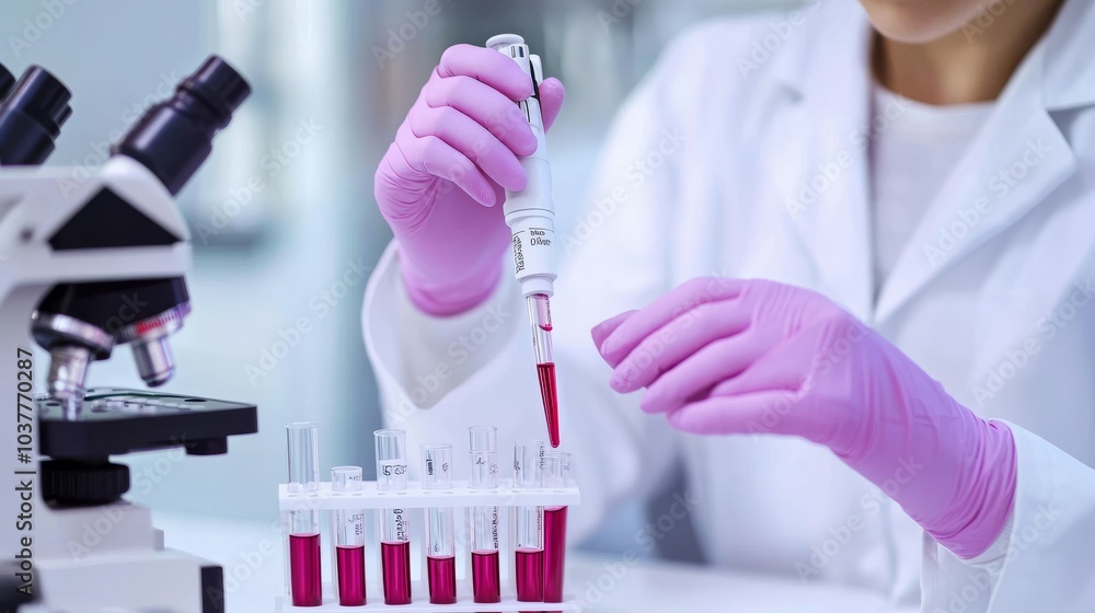 Poster a scientist in a lab coat uses a pipette to transfer liquid into test tubes, showcasing precision in