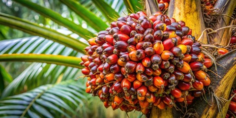 Close-up of oil palm tree with fresh ripe palm fruits , agriculture, plantation, tropical, harvest, sustainable, industry