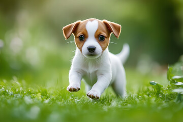 Adorable Jack Russell terrier puppy with brown and white fur running playfully on green grass, looking directly at camera with bright eyes