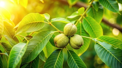 Walnut tree with green leaves and walnuts in shell on branch, walnut, tree, branch, green, leaves, nut, shell, nature