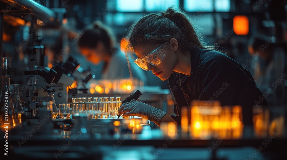 Poster scientist conducting experiments in a laboratory with glowing samples.