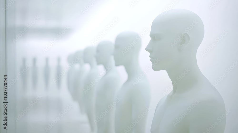 Poster a serene display of white mannequins in a minimalist setting, creating a futuristic and ethereal amb