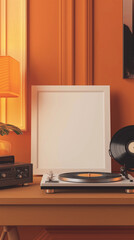 modern living room, blank frame on a table, an orange lamp and a record player, retro interior