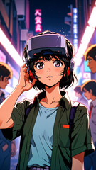 retro anime girl wearing vr headset in a dark night city background for desktop wallpaper