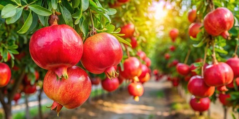 Spectacular ripe red pomegranate fruits hanging from trees in an Israeli garden during autumn harvest season , pomegranate