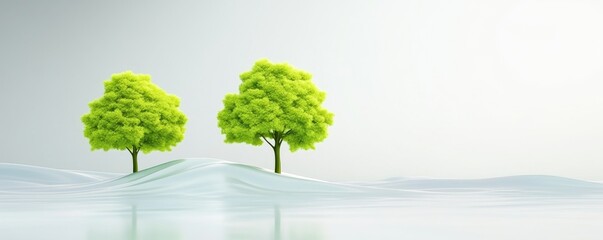 Fototapeta premium A serene landscape featuring two vibrant green trees against a soft, light background, evoking peace and tranquility.