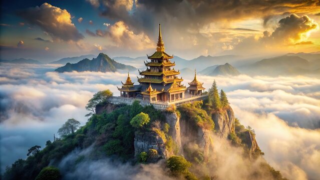 Majestic ancient temple on mist covered mountain