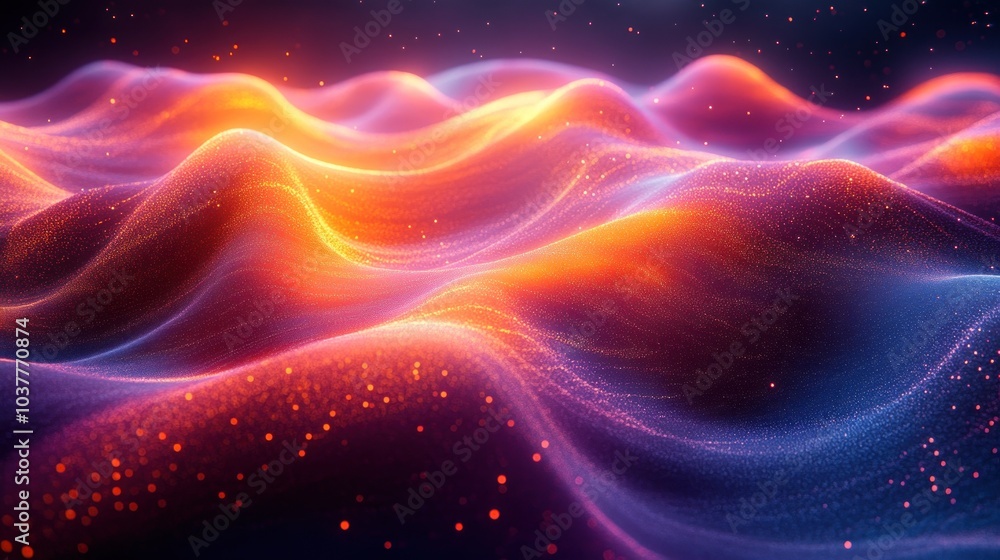 Poster abstract waves of light and color creating a dynamic visual effect.