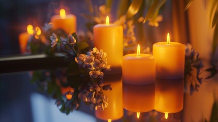 Intimate close-up of flickering candles on a mirror, glowing reflections creating a serene atmosphere